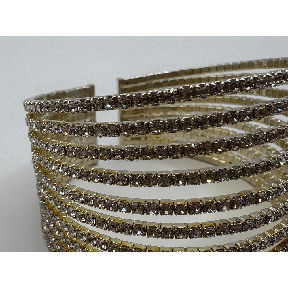 Gold Tone Multi Row Rhinestone Cuff Bracelet 10 Band Crystal Statement Bangle - Picture 3 of 11